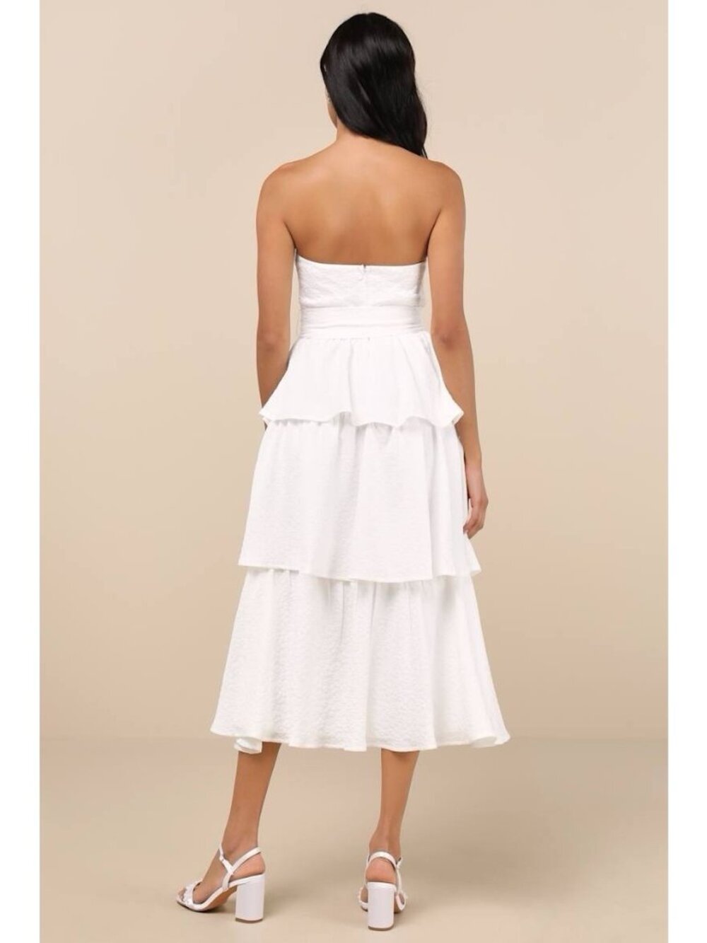 Lulus Truly Marvelous Midi Dress Sz Small White Jacquard Strapless Tiered Belted - Picture 7 of 7
